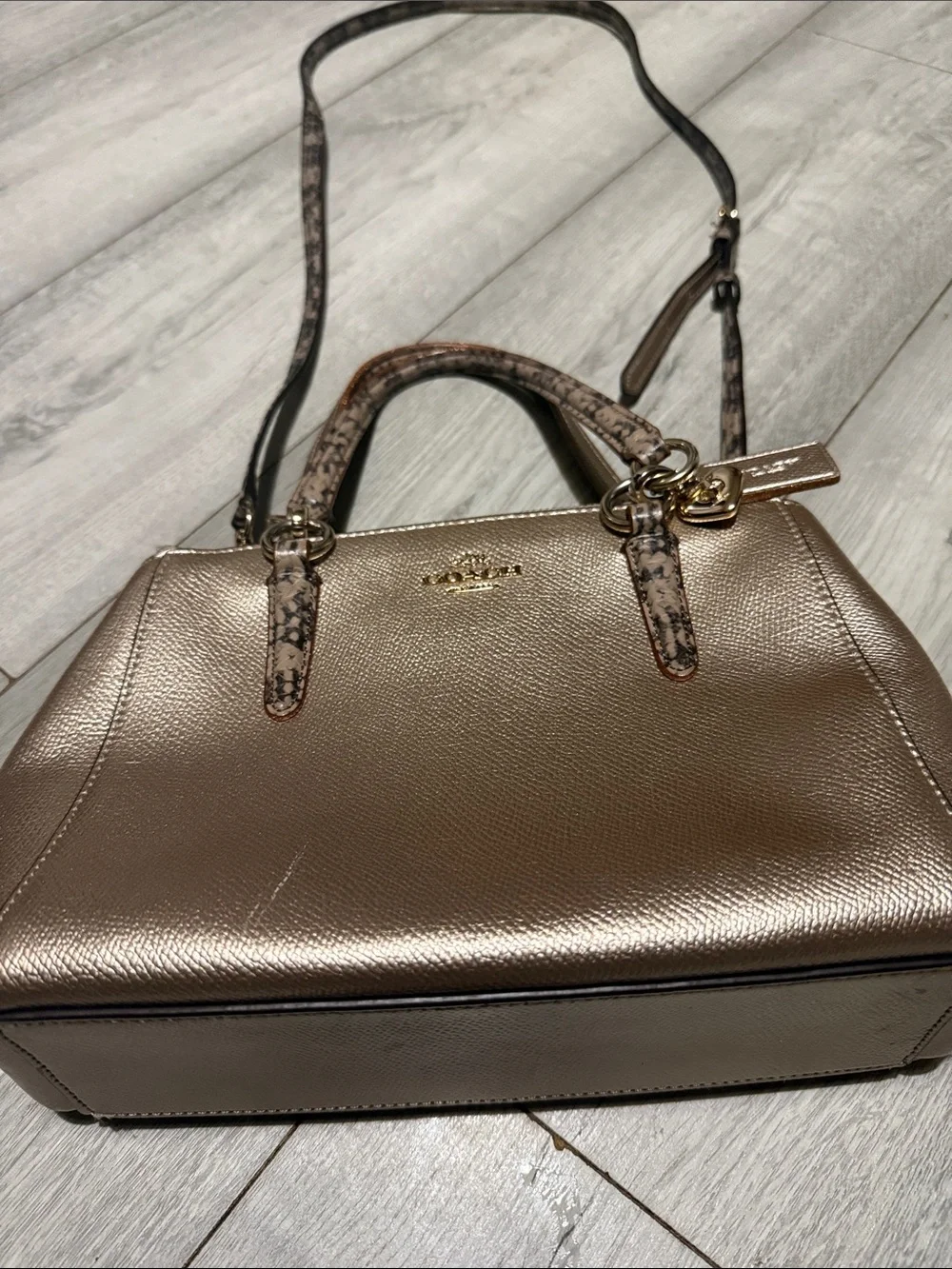 Coach Metallic Rose Gold Satchel with Snake-Print Strap and Top Handles - Picture 4 of 15